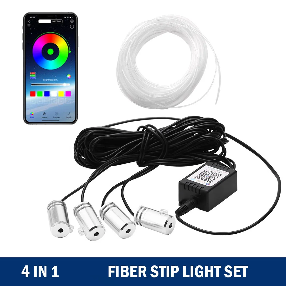 

4 in 1 RGB LED Atmosphere Car Lamp Interior Ambient Light Fiber Optic Strips Band Light Music Control by App Control Decorative