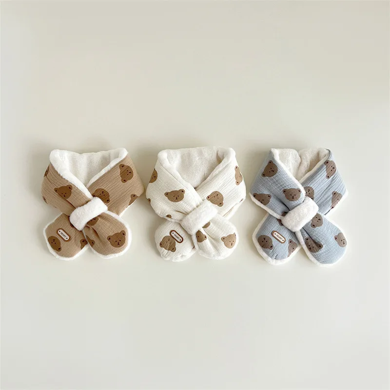 Description Picture 3 of itemKorean Bear Print Baby Scarf Winter Plush Cross Scarves For Kids Boys Girls Warm Neckerchief