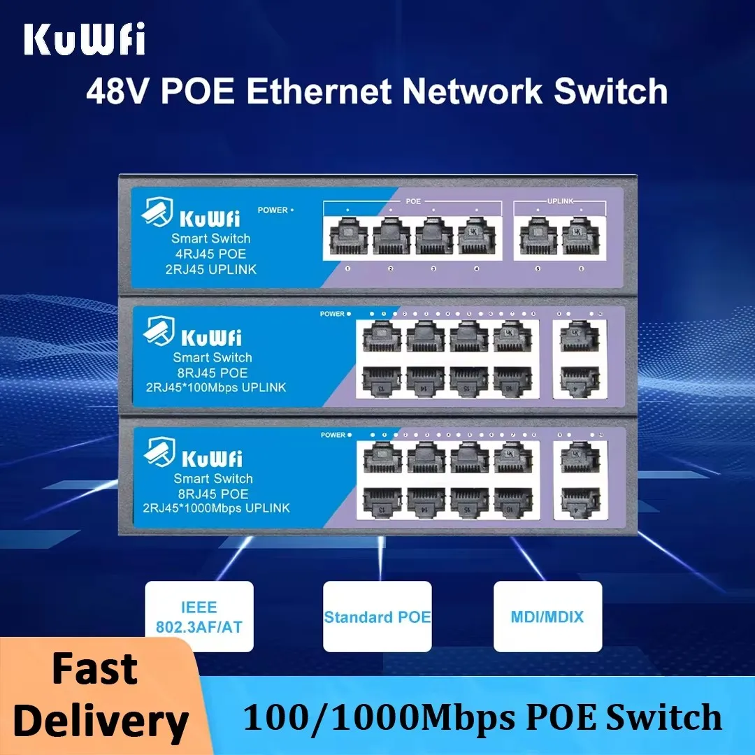 KuWFi POE Switch 4/8 Ports 100Mbps Network Ethernet Switch with Fast RJ45 POE & Uplink Port for IP camera/Wireless AP