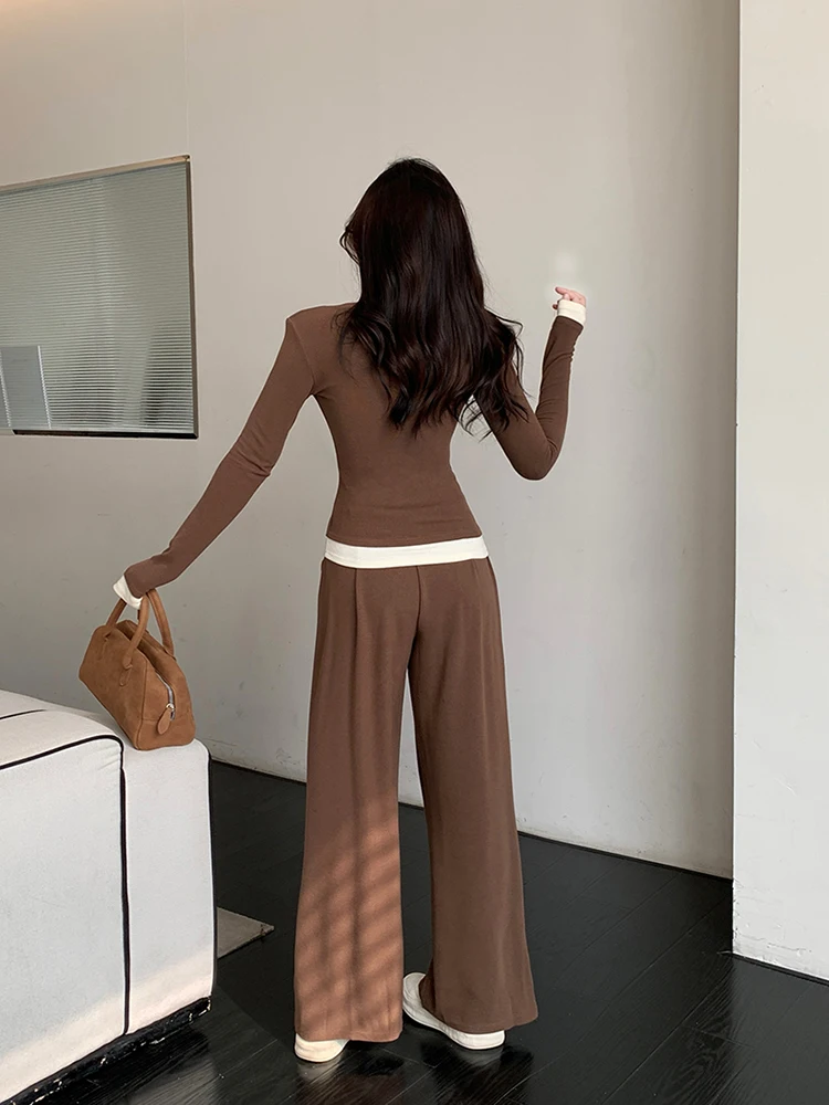 Autumn Casual Two-piece Pants Set Women Long Sleeves V-neck Single Breasted Top Wide Leg Pants Korean Fashion Outfits New
