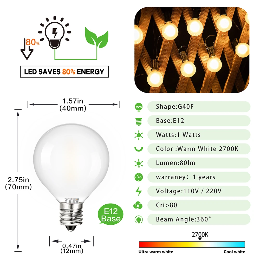 Vintage Ampoule LED E12 Bulb Edison Lamp 220V G40 1W Frosted White 10W Equivalent Decorative Mini LED Bulb Christmas Decoration