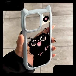 Cute Cartoon Love Heart Black Cat Case with Cat Ear Design - Transparent Cover - iPhone 12 Pro (Blue AXXHM)