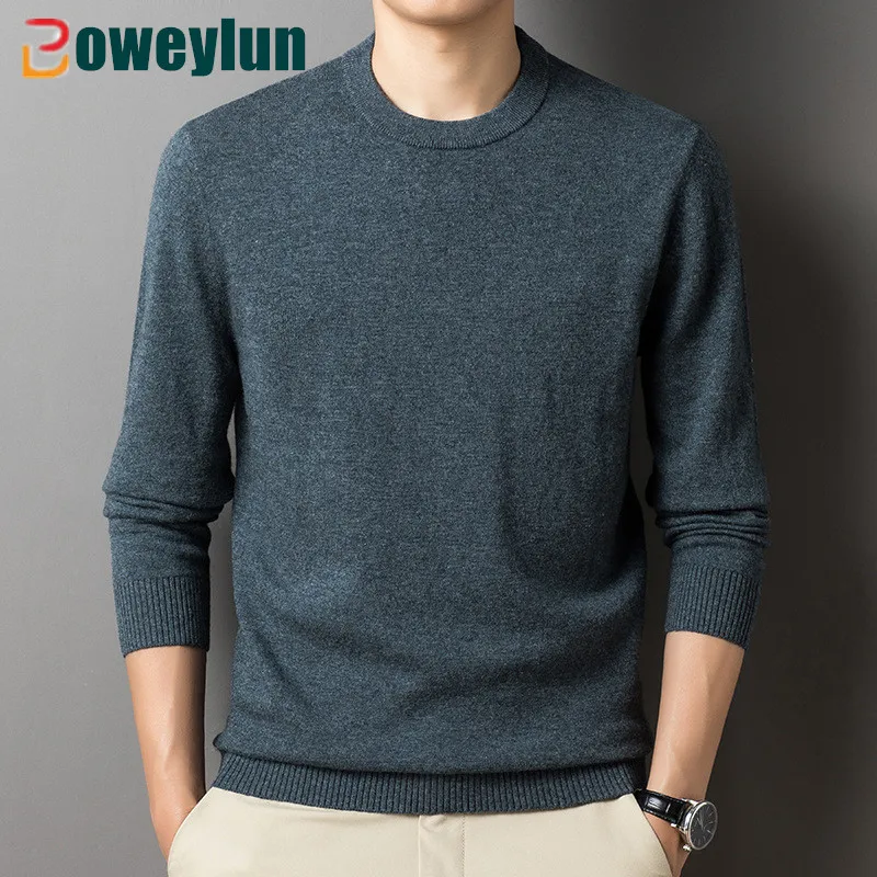 Boweylun New Wool Sweater Autumn And Winter Men's new 320g pure wool  Pullover Round Neck Warm Solid Color Bottoming Shirt