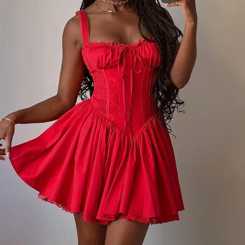 Candyhot Sweet Backless Fashion Solid Lace Hem Suspender Mini Dress Y2K Bodycon Elegant Dresses Pretty Women Party Vestidos 2