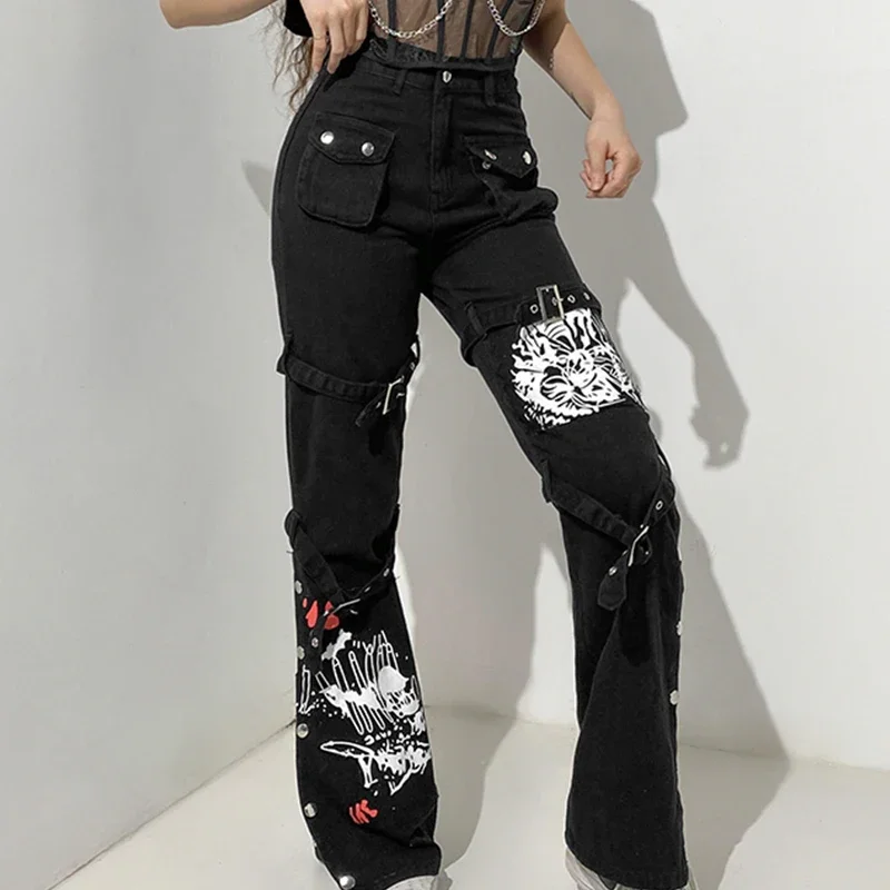 Gothic Bandage Women Baggy Jeans Y2K Aesthetic Harajuku Cartoon Print Black Denim Trousers Dark Academia Hight Waist Pants Punk