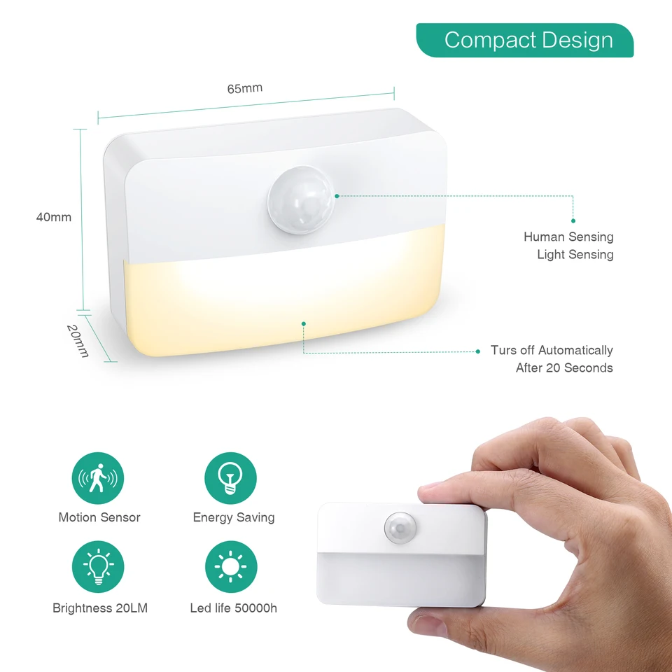 Mini Motion Sensor Light Cordless LED Night Light Battery-Powered Safe  Lights for Stairs Hallway, Bathroom, Cabinet - AliExpress, image size:960x960