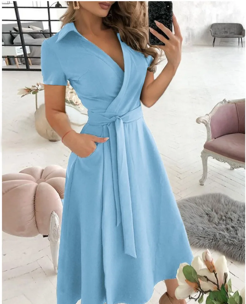 Solid Colour High Waist Slim V-Neck Short-Sleeved Dress