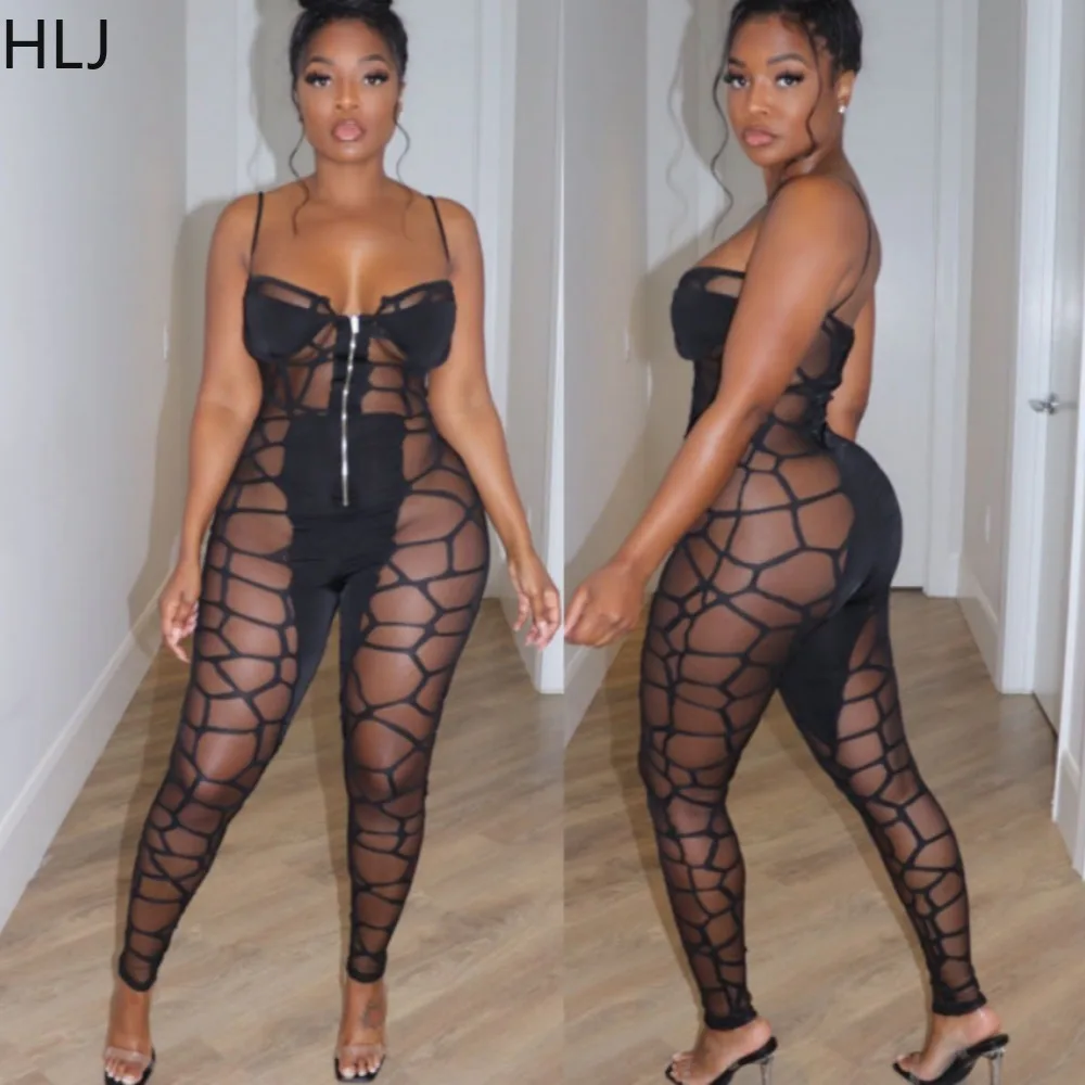 

HLJ Sexy Mesh Splicing Bodycon Nightclub Suspenders Jumpsuits Women V Neck Thin Strap Sleeve Slim Playsuits Female Overalls 2024