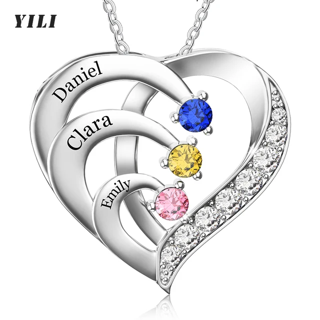 Collier personnalisé avec nom et pierres de naissance, collier de promesse personnalisé, pendentif cœur avec noms gravés, cadeaux de bijoux de Noël