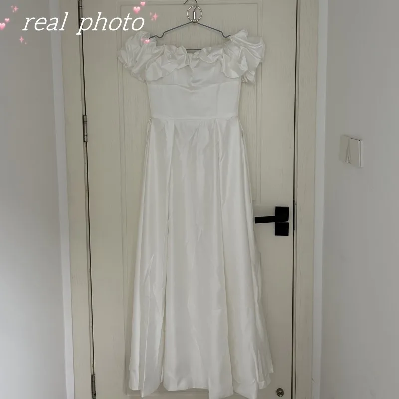 Elegant Boat Neck Satin Wedding Dresses New Simple A Line Bridal Dress Classic Long Robe De Marie Plus Size Customized 5