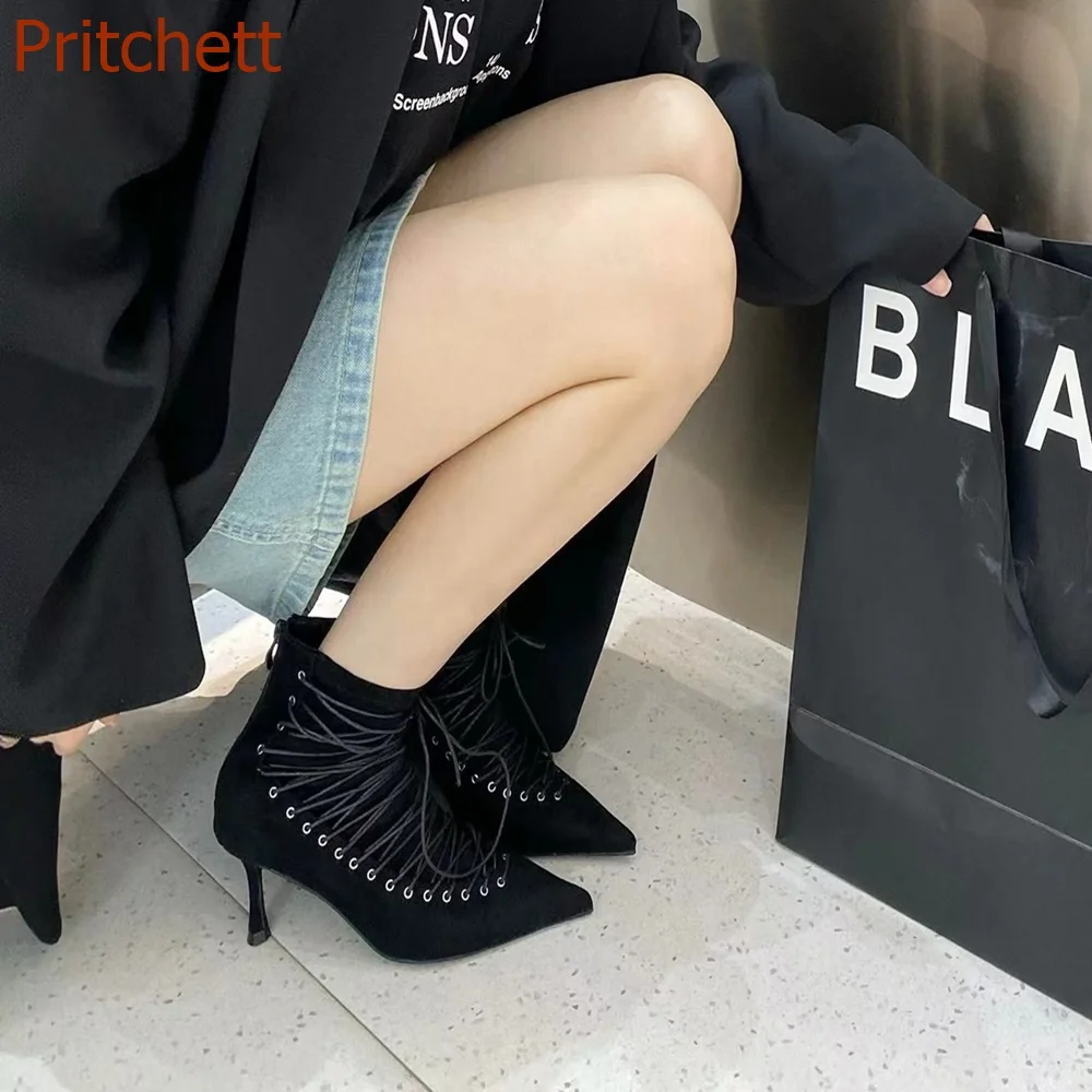 Pointed Toe Solid Women Boots Short Boots Cross Tied Zipper Thin Heels Runway Show Fashion Causal Women Shoes 2023 New Arrivals
