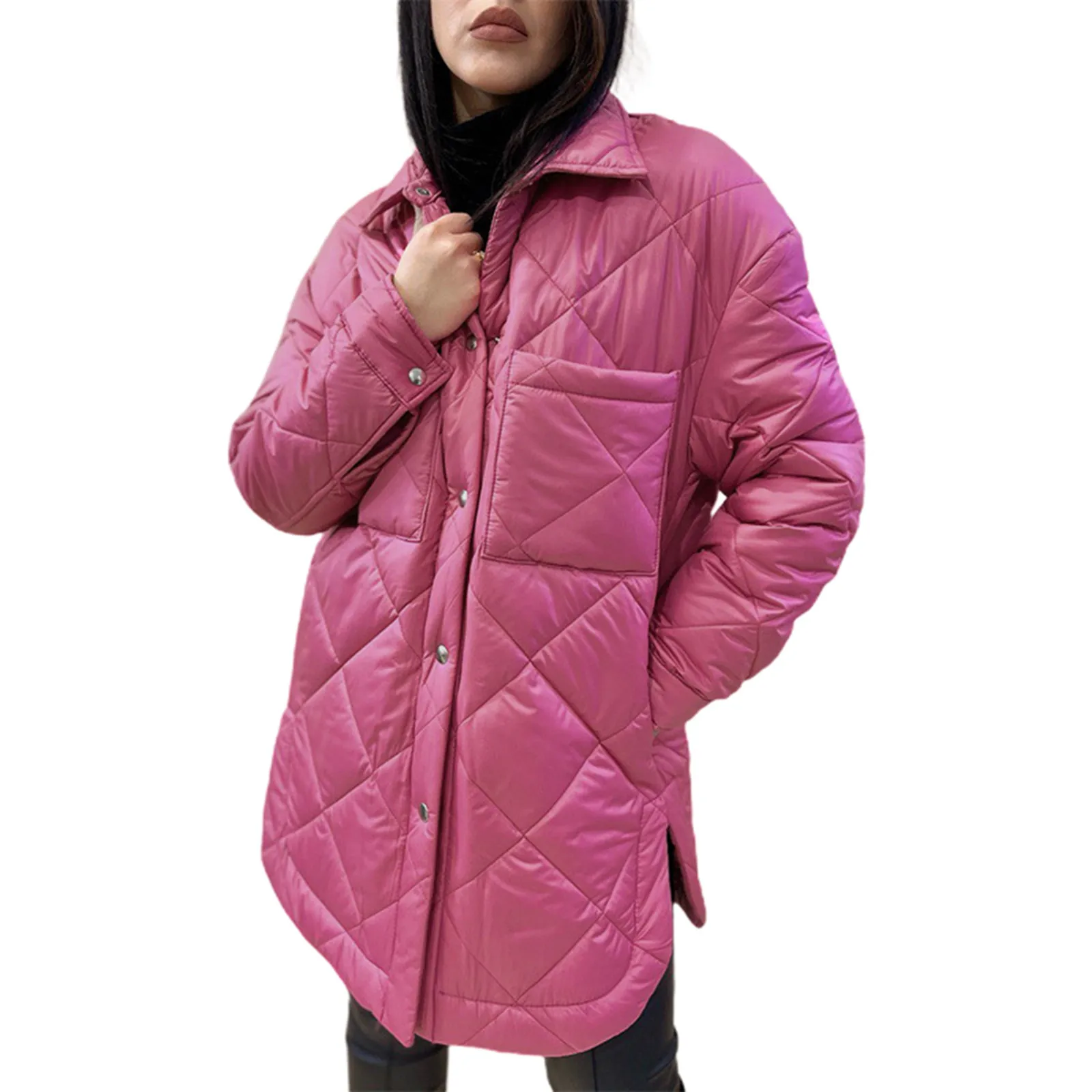 

Women's Long Diamond Quilted Down Cotton Coat With Turn Down Collar Autumn And Winter Padded Jacket Womens Style Winter Coat