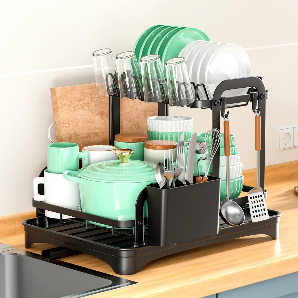 Tableware Draining Racks 2-Tier-Dish-Bowl-Drainer-Storage-Rack-Kitchen-Dish-Drying-Rack-with ...