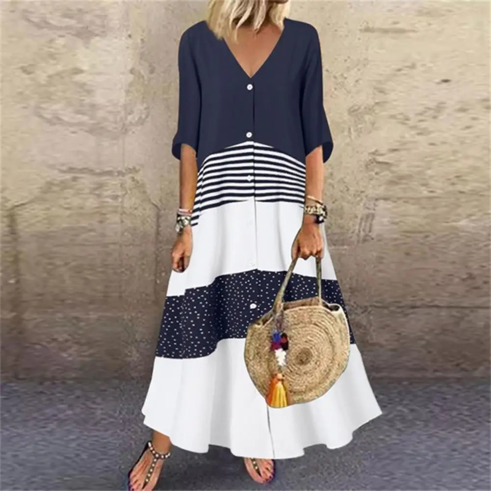 

2024 Summer Women's V-neck Single-breasted Dress Polka Dot Patchwork Print Button-Down Shirt Casual Dress Beach Long Skirt