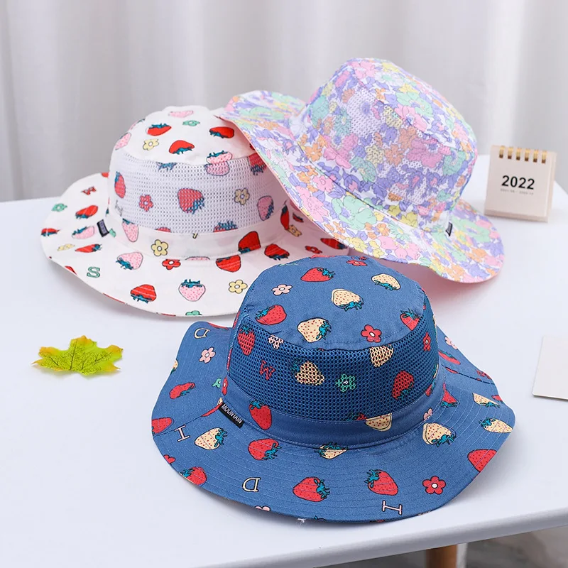 Baby Hat Kids Sun Hat Kids Bucket Hat Cute Strawberry Flower Print Baby Hat Summer Mesh Breathable Kids Girls Bucket Hat Outdoor Travel Children Panama Fisherman Cap
