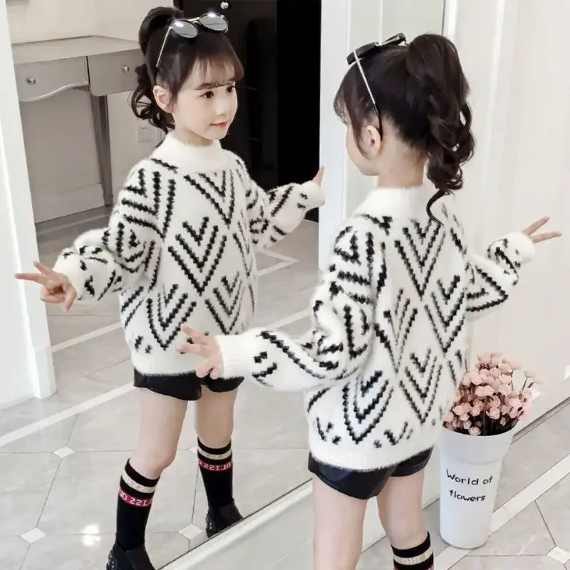 

2022 New Girls plus Mink Sweater Thickened Middle and Big Children Autumn and Winter Knitting Bottoming Shirt