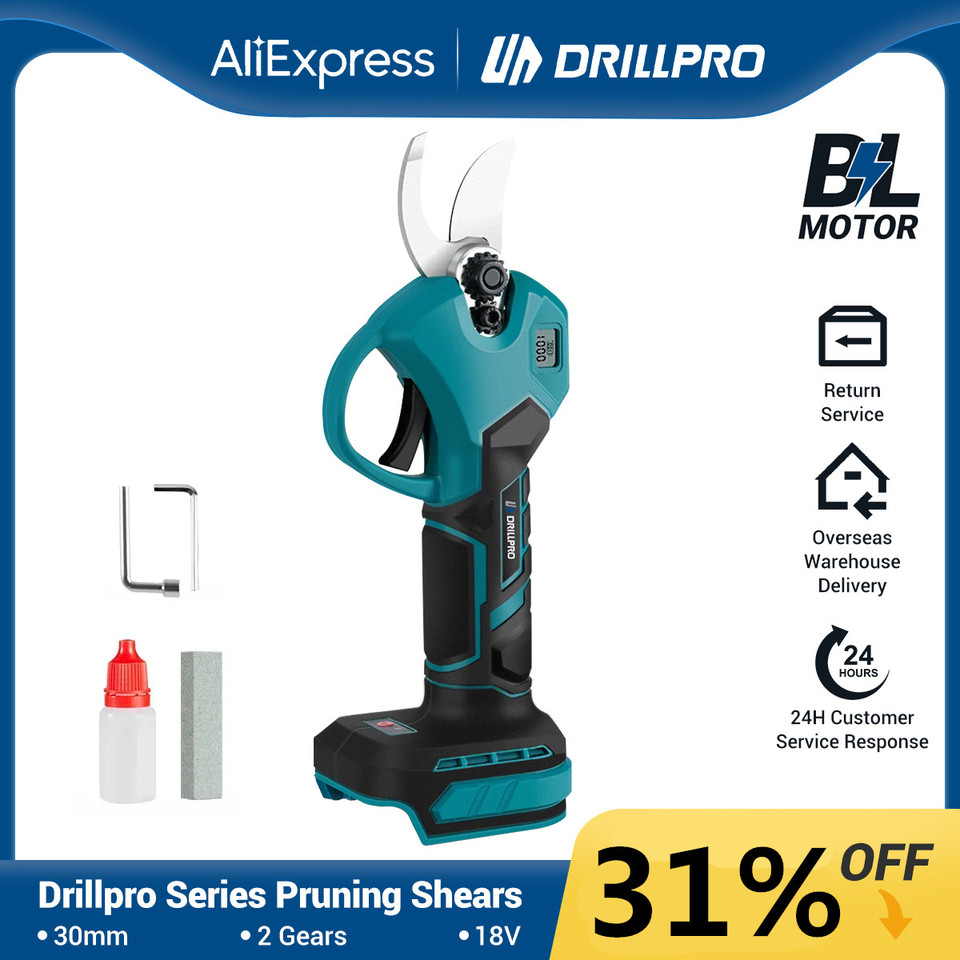 Drillpro 30mm Brushless Electric Pruner Shear 2 Gears Cordless Fruit Tree Bonsai Pruning Electric Scissors For Garden Tools