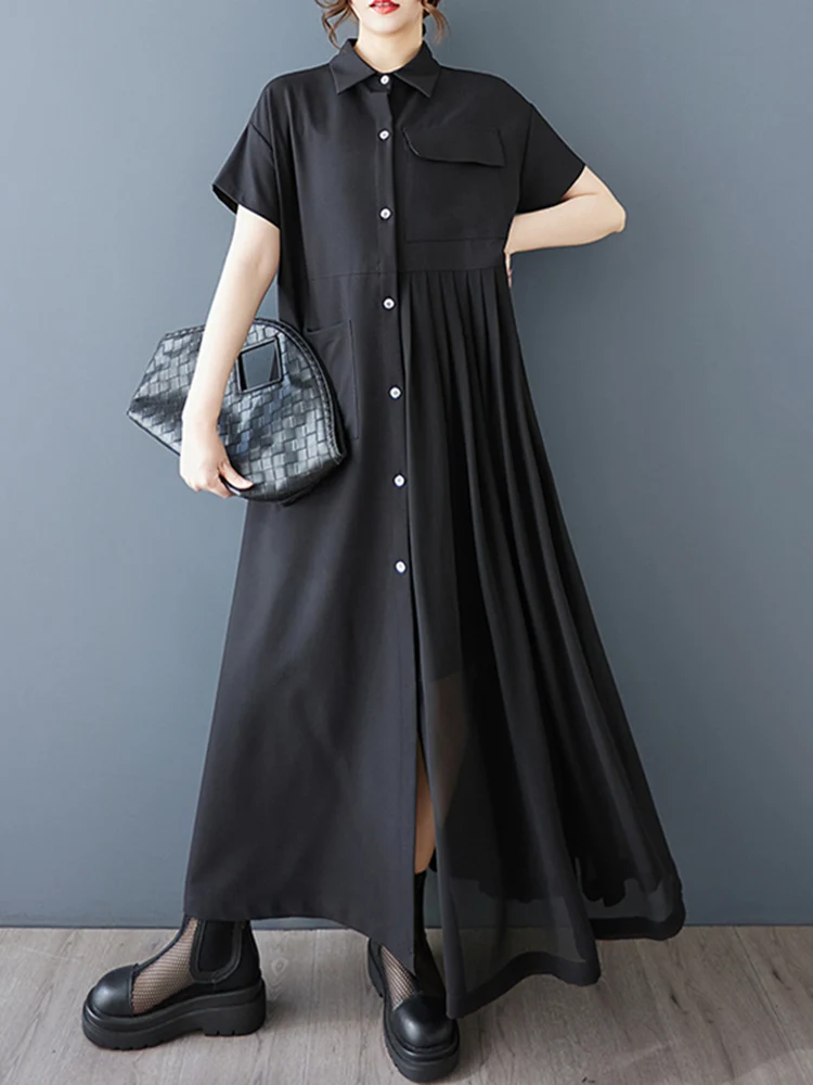 2025 Summer New Black Vintage Pleated Shirt Long Dresses For Women Short Sleeve Casual Loose Patchwork Dress Fashion Clothing
