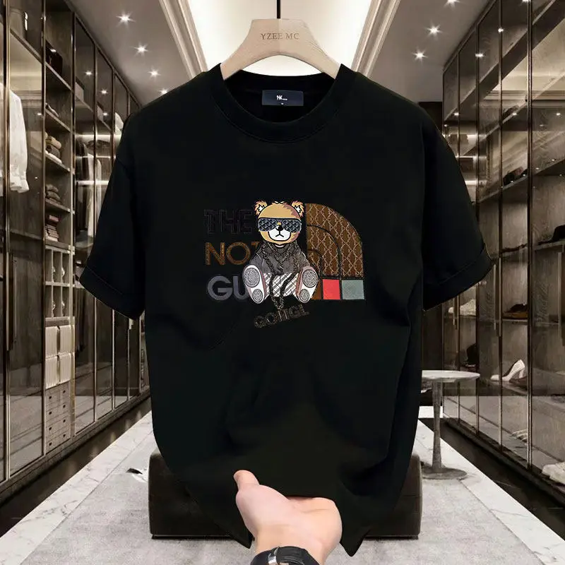 Herren-T-Shirt mit Cartoon-Bär-Aufdruck, Rundhalsausschnitt, lässig, kurzärmelig, schmale Passform, Streetwear-T-Shirt