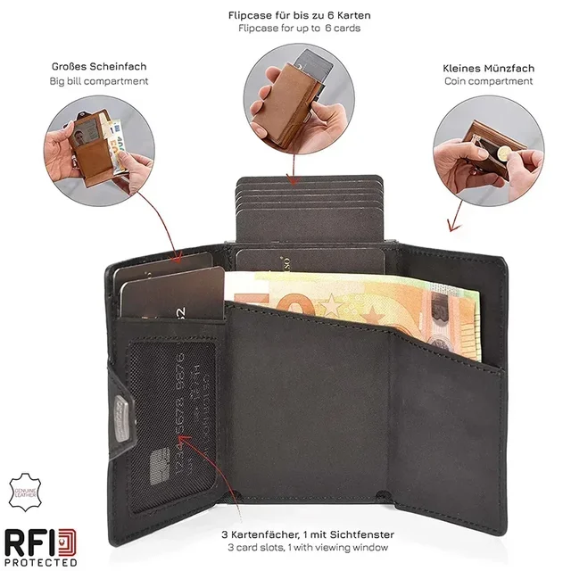 Pop-Up Credit Card Case with RFID Protection Pu Leather Wallet with Compartment for Notes and Coins for Men and Women 3