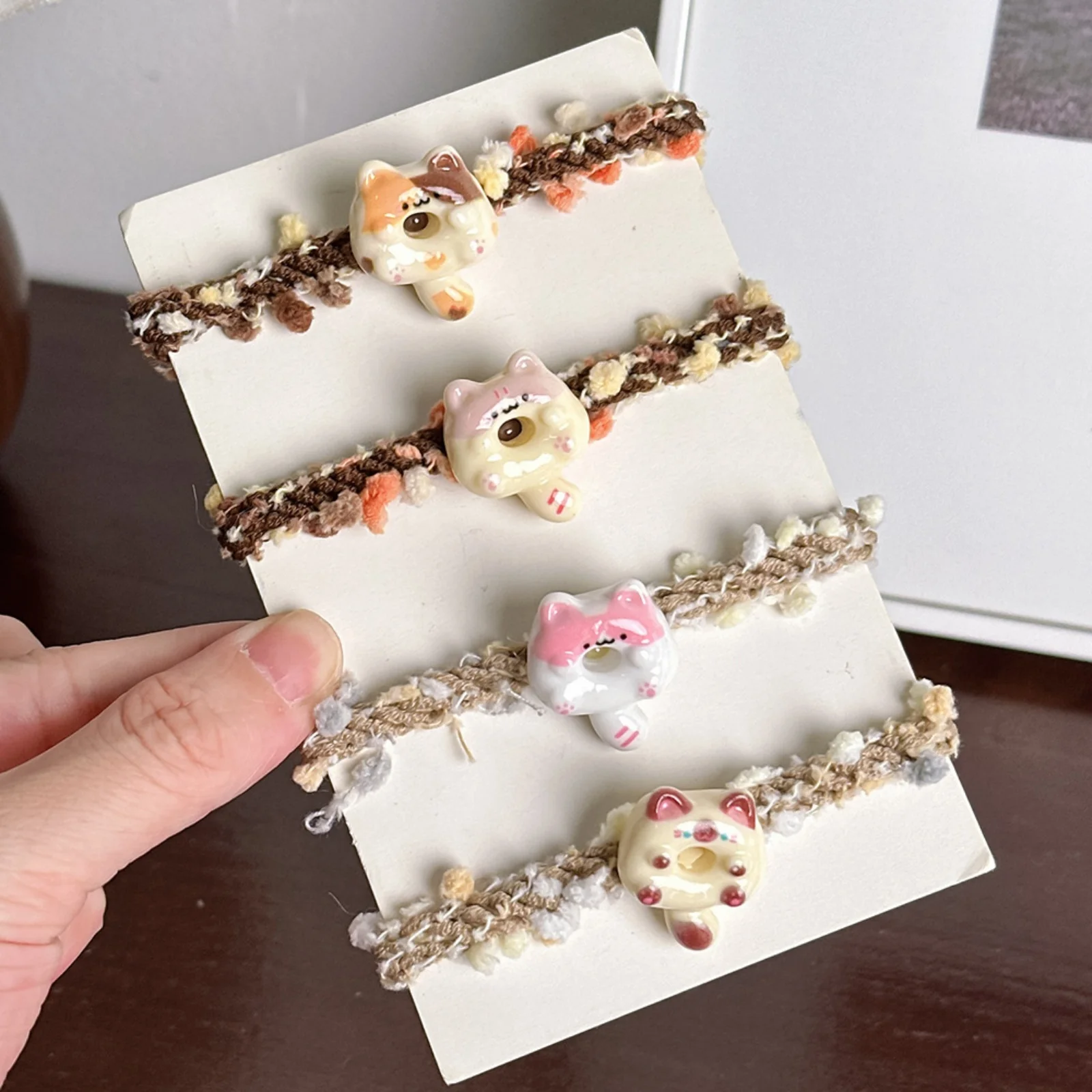 1PC Cute Cat Donut Hair Ties, Knitted Elastic Hair Bands, Sweet Hair Accessories for Girls, Kawaii Hair Scrunchies