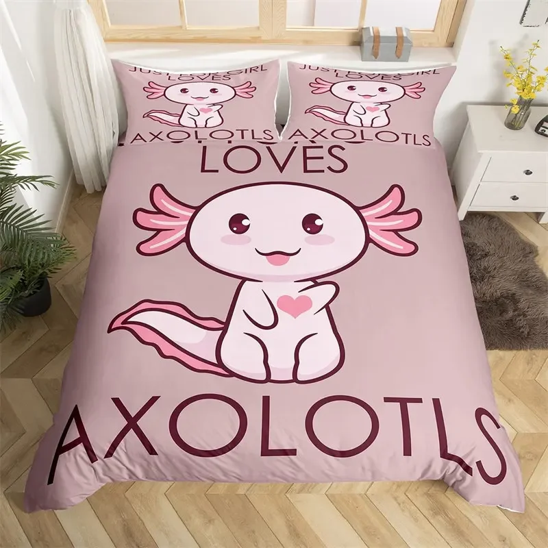 Loussiesd Set Biancheria Letto Per Bambini Axolotl 135x200 – Copripiumino Con Simpatica Salamandra – Microfibra Morbida – Regalo Per Cameretta