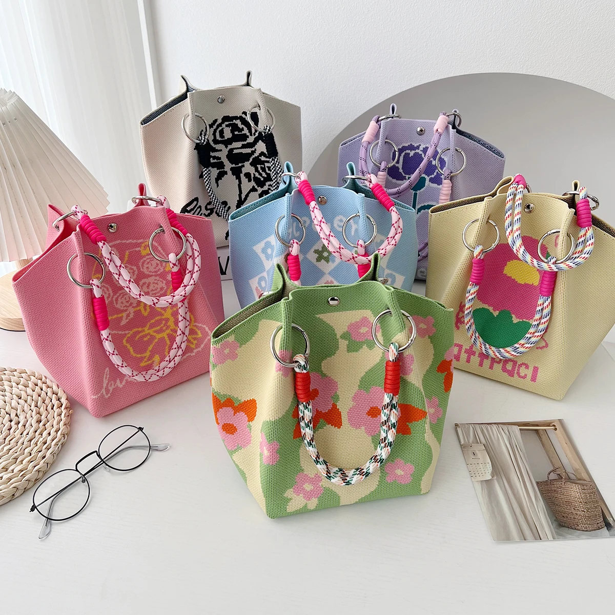 Korean Style Knitted Tote Bag Large Capacity Handbag Portable for Work Commuting Outings Neutral Minimalist Soft Polyester Linin