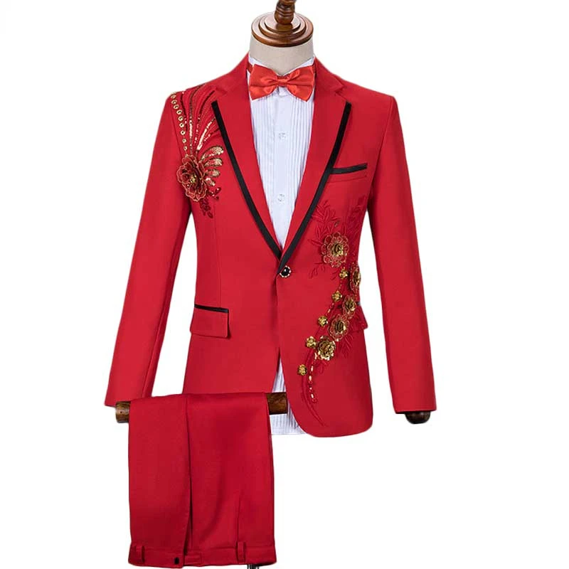 

Red Sequin Embroidery Floral Suit with Pants Men Wedding Groom Tuxedo Suits Men Once Button Peak Lapel Costume