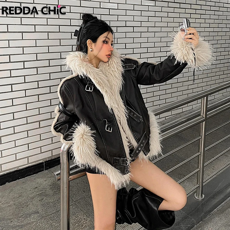 REDDACHiC Faux Fur Collar Buckle Belt Leather Bomber Jacket Women