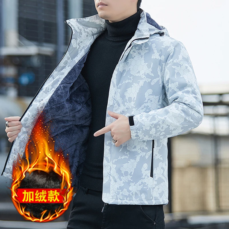 New Autumn/Winter Fashion Trend Print Hooded Zipper Windproof Waterproof Charge Coat Long Sleeve Casual Men's Plush Jacket Coat