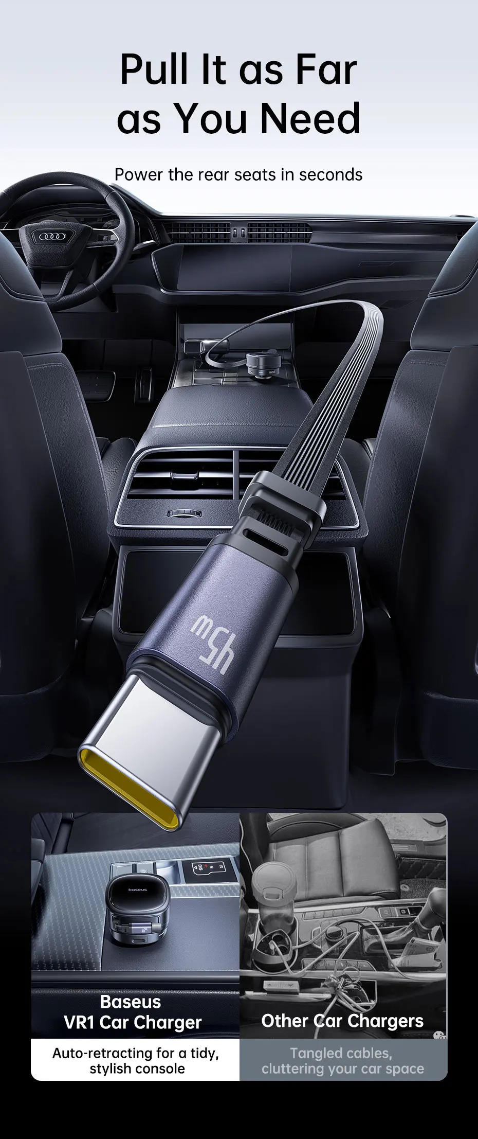 60W Car Charger 45W Retractable Cable 3 Ports Fast Charging 180° Rotating Car Ph