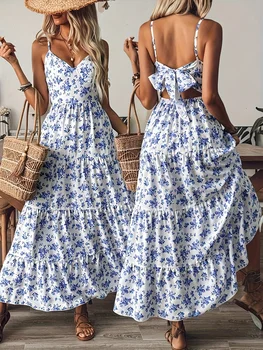 Women's Blue Floral Print Maxi Dress V-Neck Spaghetti Strap Backless Bow Tie Tiered Long Dress 2026 Summer Casual Beach Sundress 1