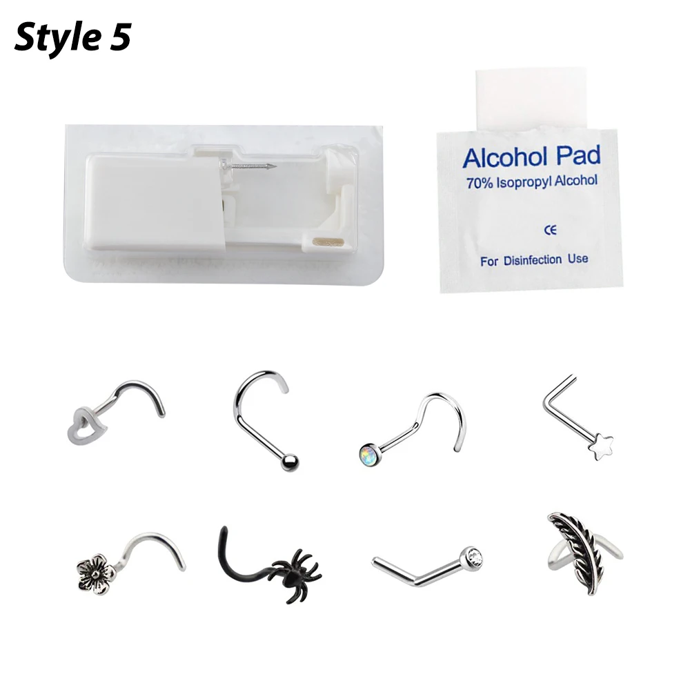 Nose Piercer Tool Body Jewelry Disposable Sterile Nose Piercing Gun Piercing Kit with CZ Studs Surgical Steel Ring Stud 20G