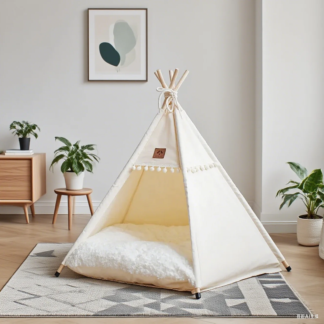 Portable Pet Teepee Tent Bed with Plush Cushion 2