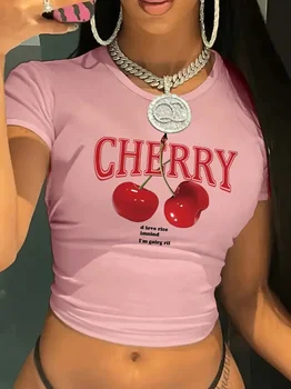 Fashion Cherry Print Crew Neck T-shirt Y2K Short Sleeve Tight Fit Crop Top Spring Summer Women's Clothing 1