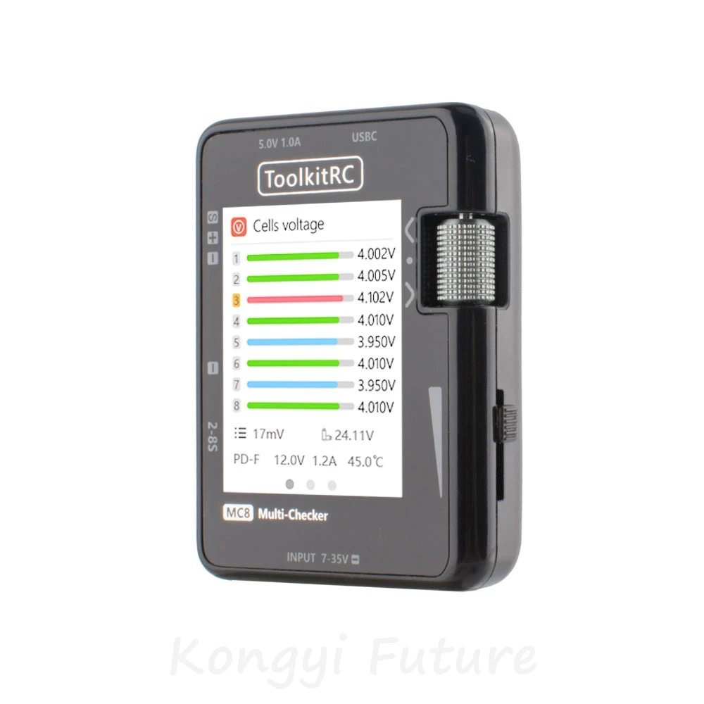 Testeur intelligent multifonction ToolkitRC MC8 connecté à une batterie LiPo de drone RC FPV