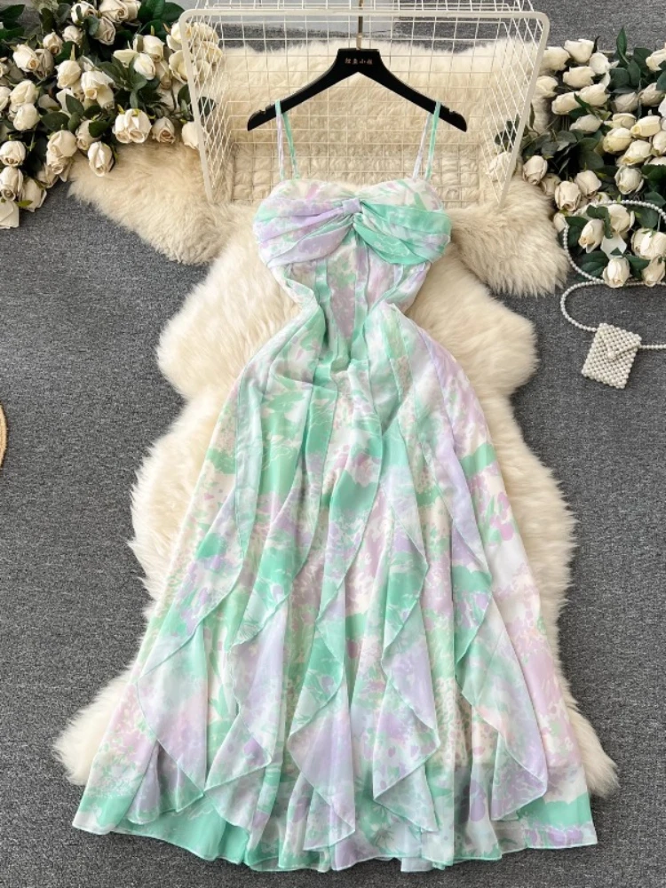 

Summer Beach Dresses Women Slim A-line Chiffon Print Dress Sexy Backless High Waist Slim Ruffle Irregular Halo Dyed Midi Dress