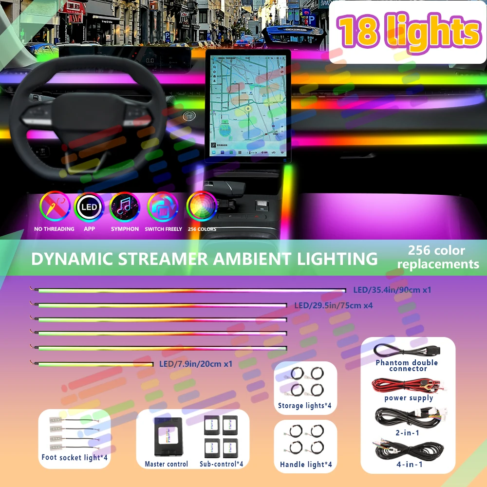 심포니 자동차 LED 환경 조명, 256 RGB 레인보우 네온 바, 아크릴 인테리어 계기판, 분위기 조명, 음악, 18 in 1