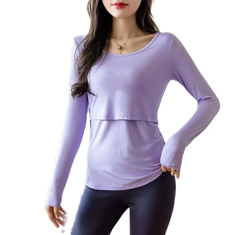 2023 Spring Pregnant Women Modal Lactation Clothes Long Sleeve O-Neck Maternity Breastfeeding Tees Postpartum Woman Nursing Tops