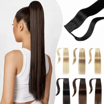 SPIKFN Human Hair Ponytail Extension Straight "14-22" Real Natural Brazilian Blonde Brown Remy Wrap Clip In Human Hair Extension