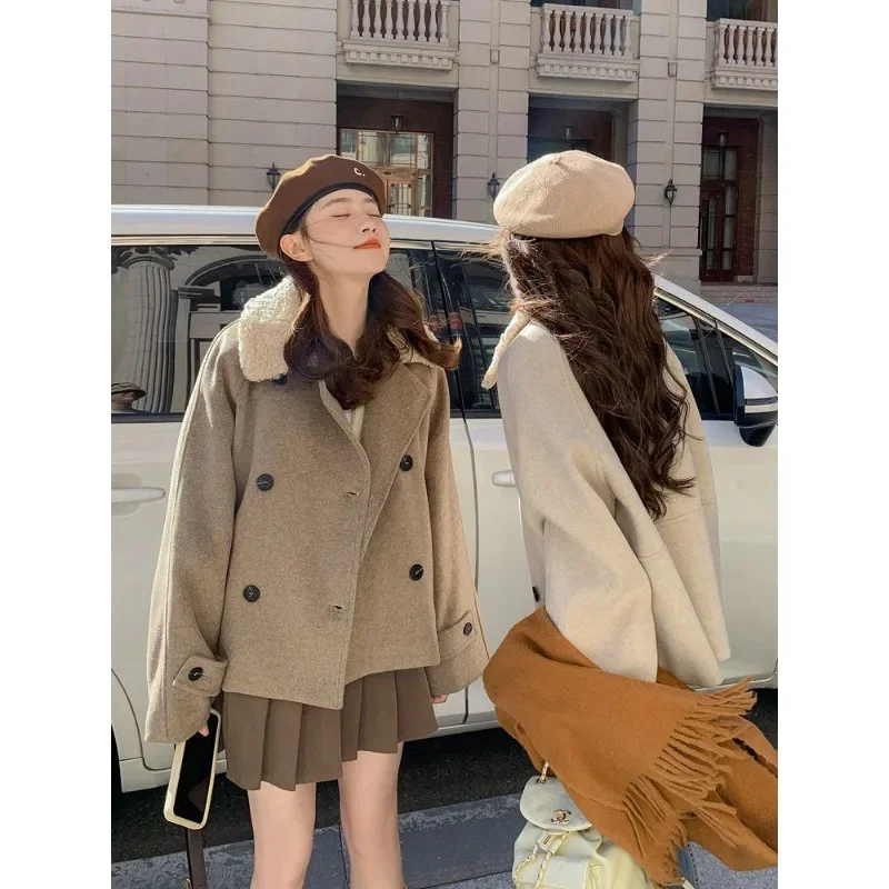 

Женские Короткие шерстяные куртки, зимние однотонные двубортные плюшевые пальто в Корейском стиле с пряжкой, одежда для женщин, 2023