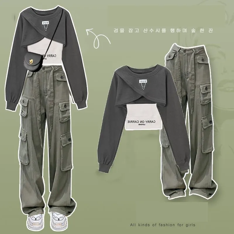 Women's Autumn Tracksuit Suit 2023 New Fashion College Sweater Top Sling Cargo Pants Three Piece Korean Elegant Matching Set