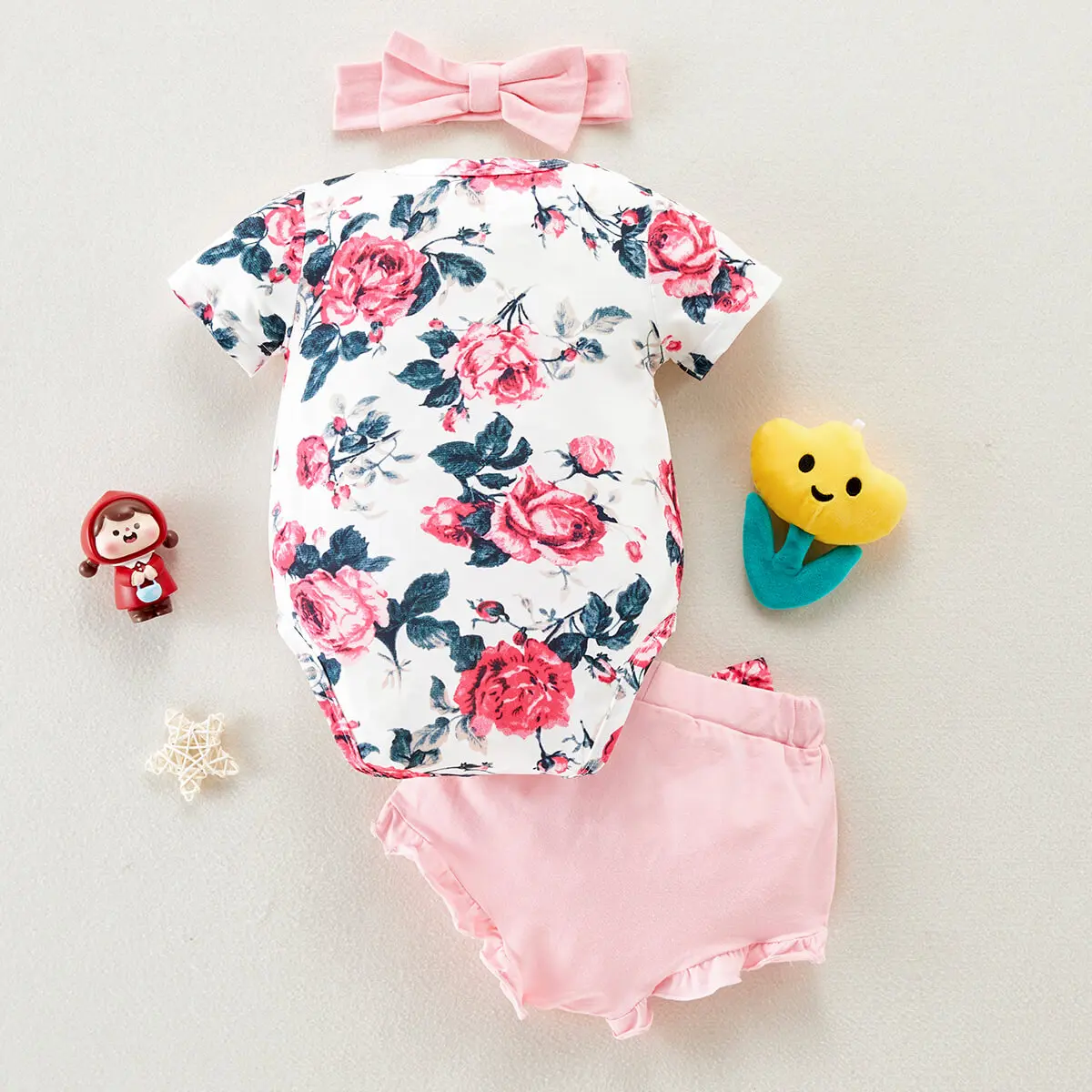 hibobi Baby Girl Bodysuit Short Sleeve Flower Print Jumpsuits Clothes Set For Newborns Outfit Ruffle Headband Shorts 3 Pcs baby clothing set long sleeve	