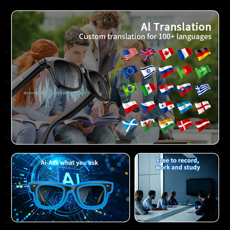 AI Smart Glasses UV Protection Translation Sunglasses Sport Music Eyeglass Heart Rate Body Temperature Monitor Bluetooth Glasses