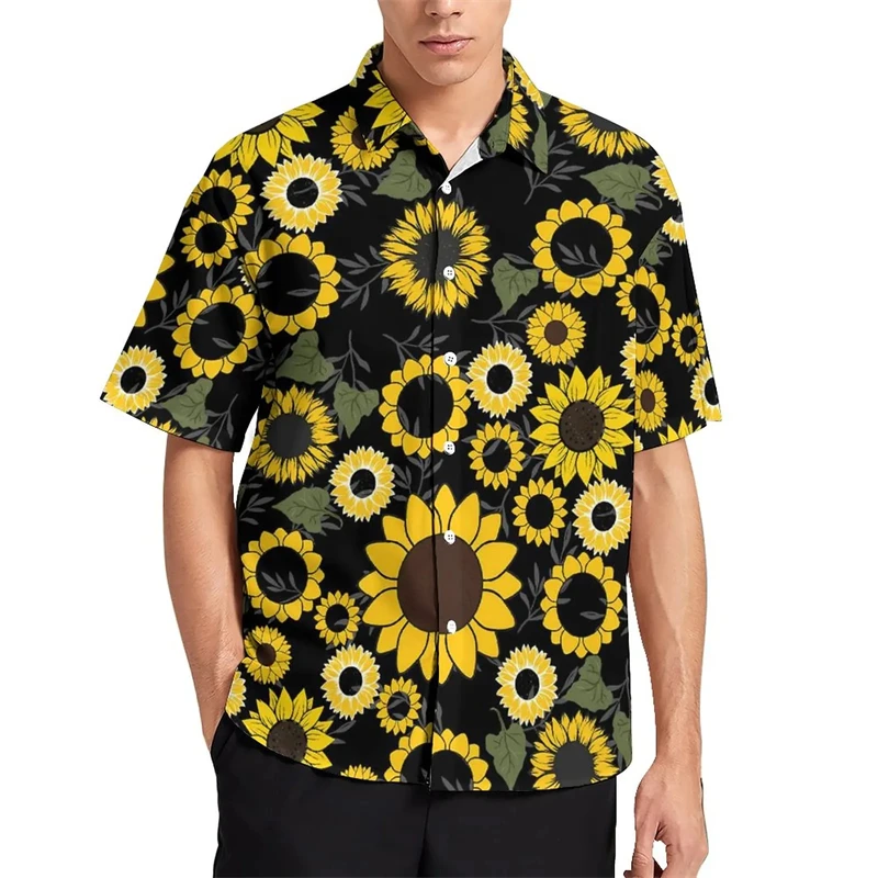 3D Printed Sunflower Plant Blouses Purple Flower Graphic Beach Shirts For Men Clothes Vacation Y2k Short Sleeve Boy Button Tops 2