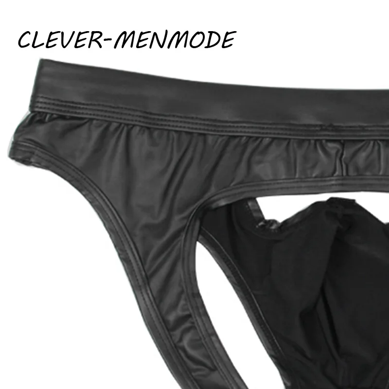 Mens underwear Men's Sexy Lingerie Openwork Sheer PU O Ring Buttock Briefs Faux Leather Mini U Convex Penis Bag Panties Micro Sissy Bikini