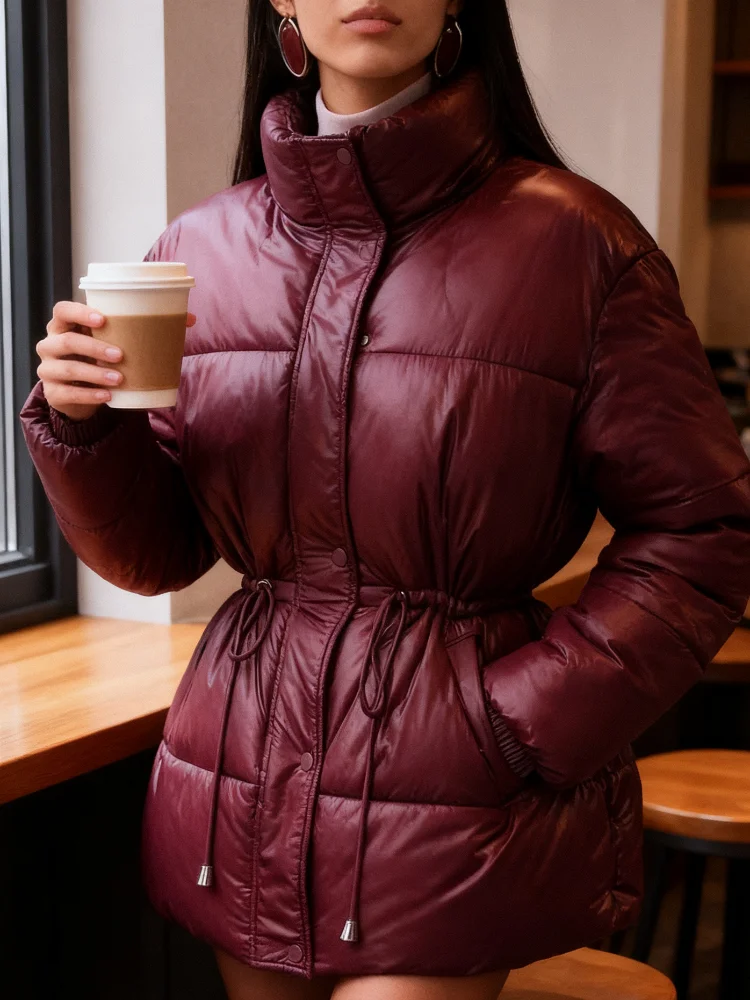 Autumn Winter Women Clothing Loose Stand Collar Ruffled Warm Retro Printed Cotton Padded Jacket Coat