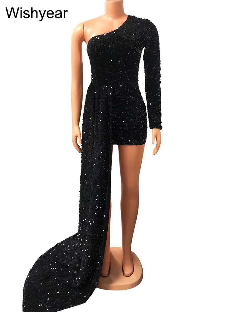 Elegante Herbst Pailletten eine Schulter Langarm Geburtstag Bodycon Mini kleid Frauen Outfits Party Club sexy Festivals Vestidos – Detail 4