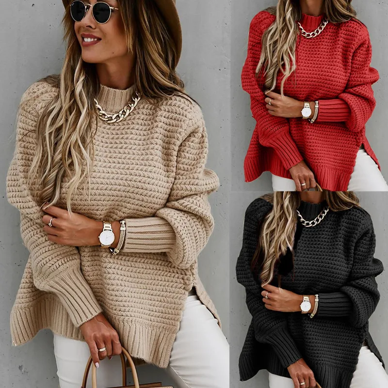 

Women's Knitted Sweater 2023 Winter New European and American Half High Neck Solid Color Strap Strap Side Split Knitted Sweater