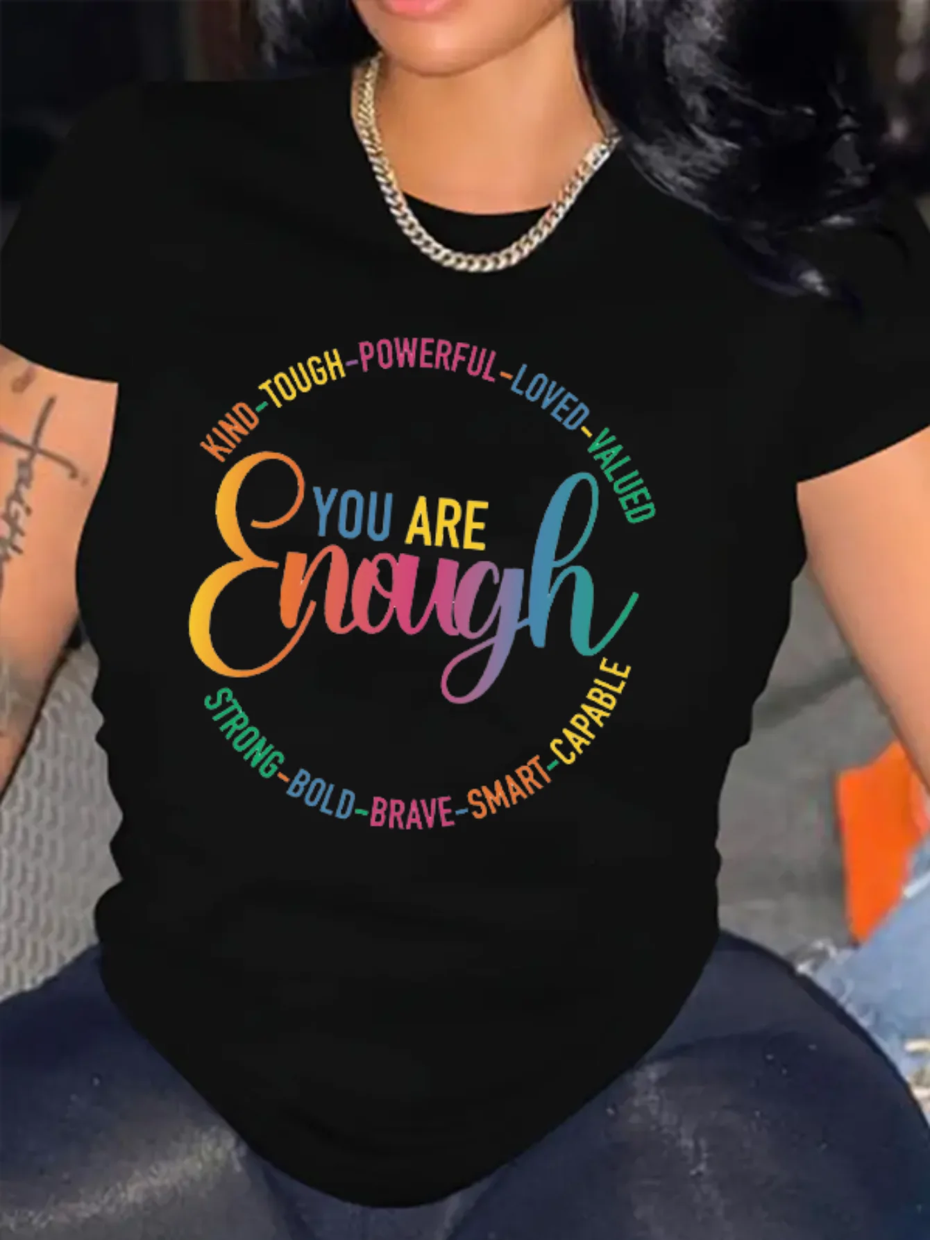 You Are Enough Print T-Shirt, Summer Short Sleeve Casual Top, Women's Clothing